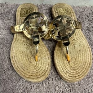 Tory Burch Gold Logo Rope Thong Sandals